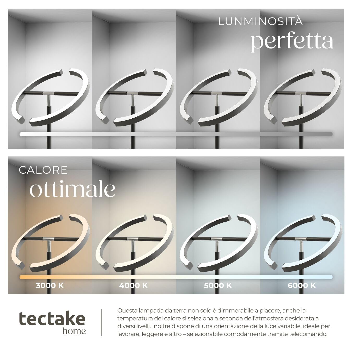 tectake® Lampada da Terra LED 20W, Piantana LED con Luce da Lettura Integrata, Arco Flessibile, Dimmerabile, Temperatura Colore Regolabile, Pannello Touch, Telecomando Magnetico - Nero