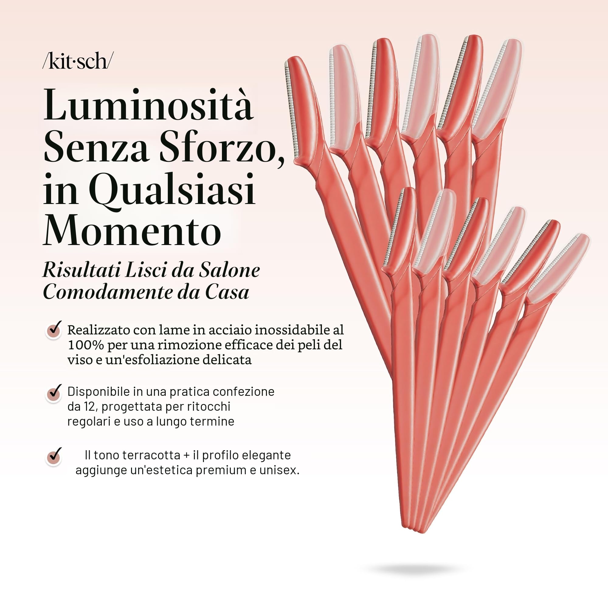 Kitsch Dermaplaning Tool - Rasoi per il viso da donna, rasoio per sopracciglia e viso, rimozione dei peli del viso, rasoi per il viso da donna, rasoio Dermaplane, 12 pezzi (Corallo)