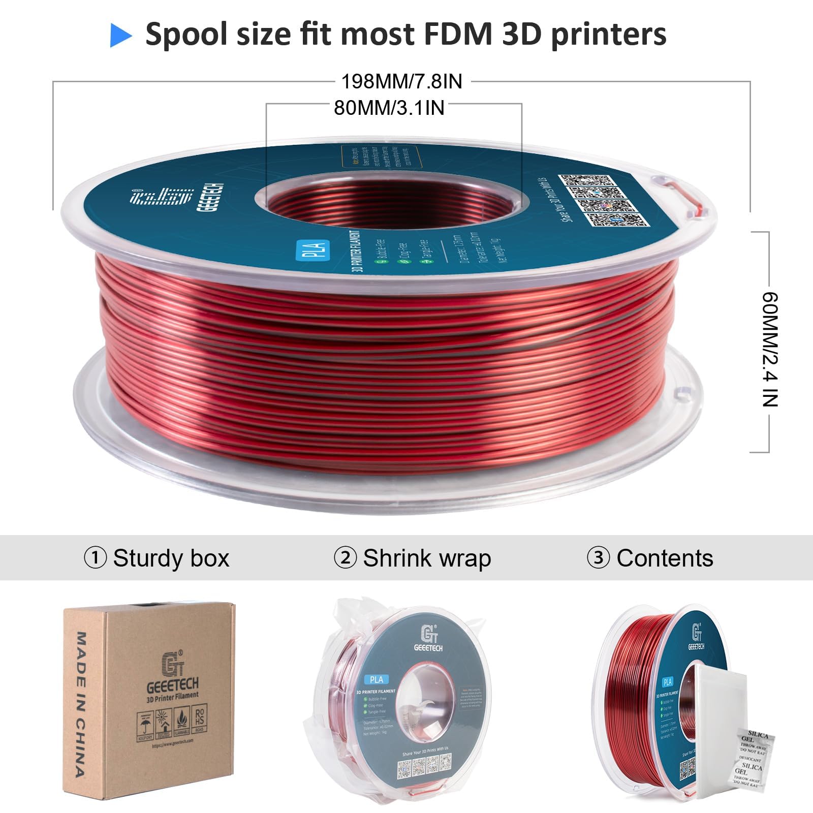 GEEETECH Filament PLA, Silk Dual Color Filament 1,75 mm, 2 kg do drukarki 3D, jedwabny czarny i czerwony