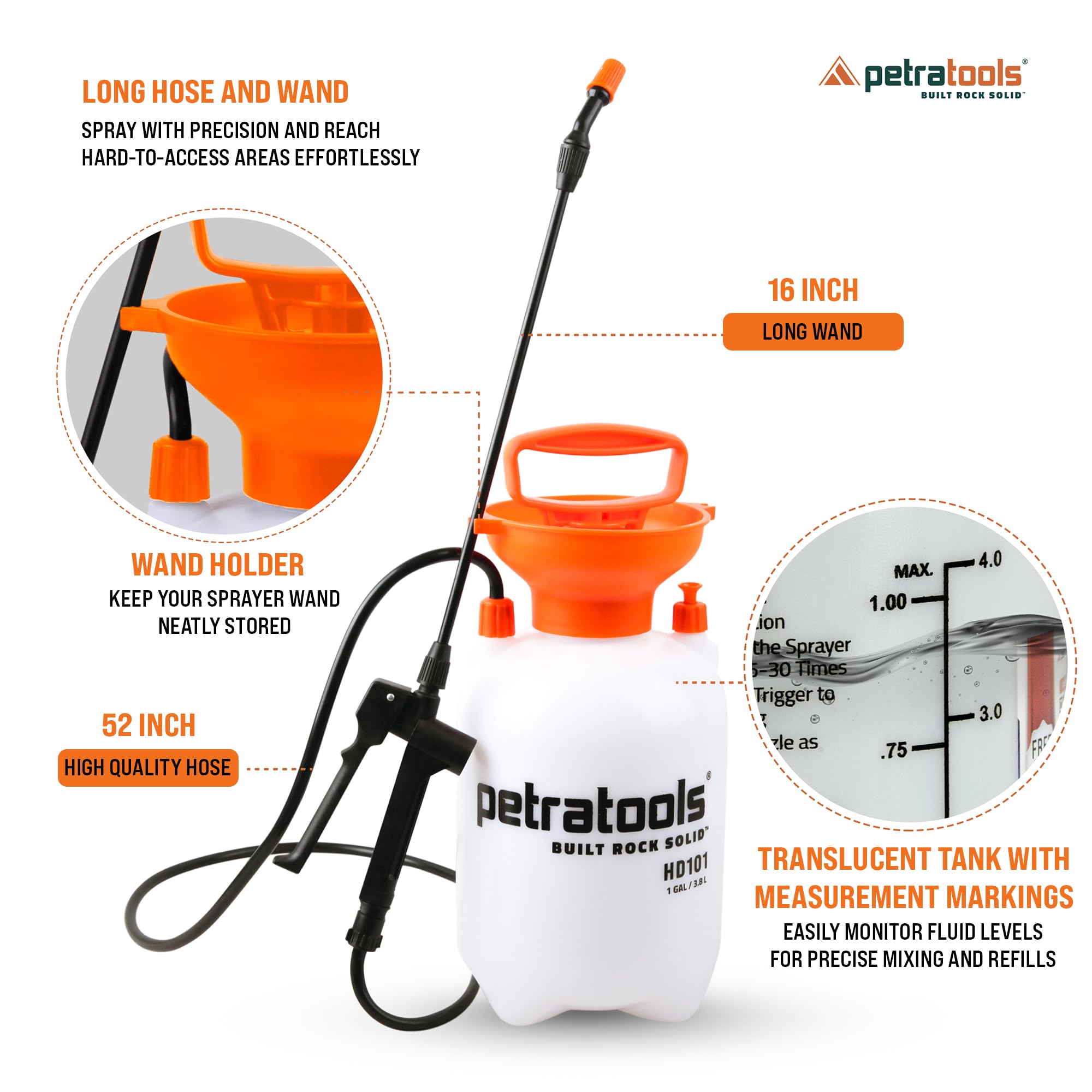 Petra 1 Gallone Pumpsprüher - HD101 Gartensprüher mit 2 Düsen, Verstellbare Düse, Lüfterdüse, Schwarz, Kunststoff, Handgerät