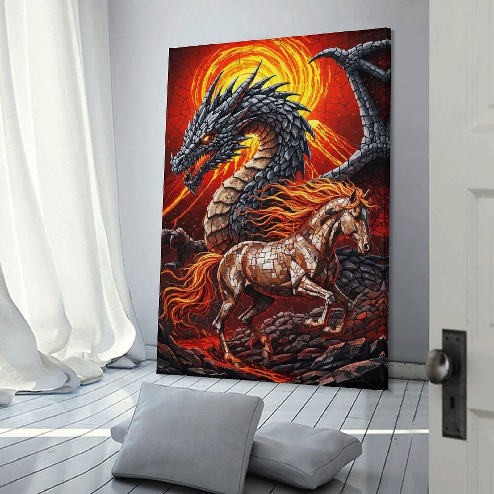 Junmoney Dragon And Horse Fiery Landscape Canvas Wall Decor 24x36inch(60x90cm), for Workspace Walls, Study Corners Or Bedrooms, Decorative Artwork for Productive Spaces