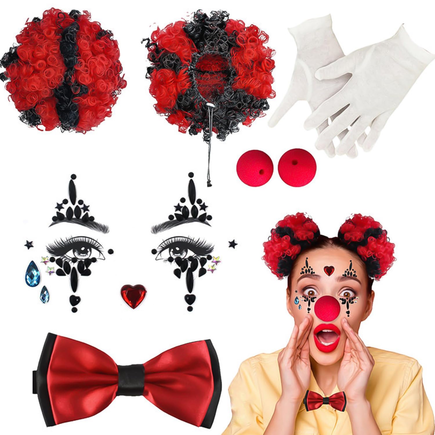 Miaija 7Pieces Clown Halloween Costume Accessories Set Wig Bow Tie Face Stickers Nose White Gloves Role Playing Party Props for Women Adults Halloween Horror Atmosphere