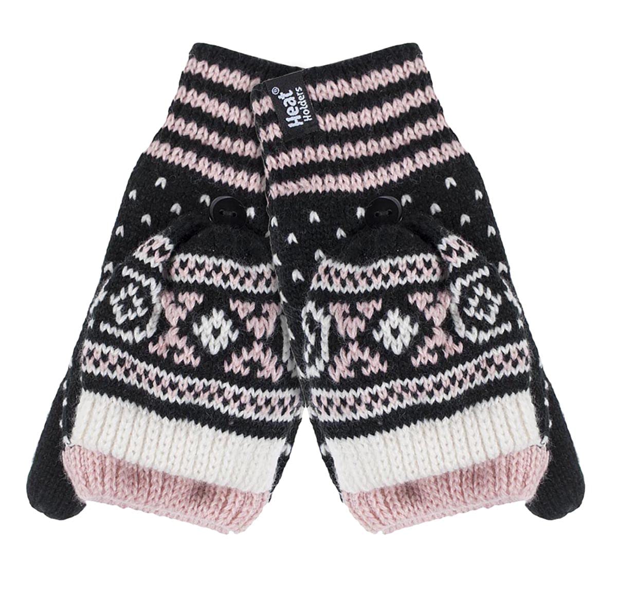Heat Holders Women's Black (Stockholm) - Warm Fairisle Patterned Thermal Fingerless Winter Mittens Converter Gloves (One Size, )