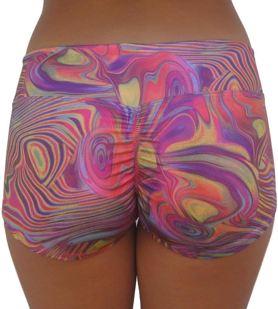Delicate Illusions Sexy Metallic Foil Stretch Scrunch Butt Gym Yoga Pole Fitness Workout Booty Shorts for Women
