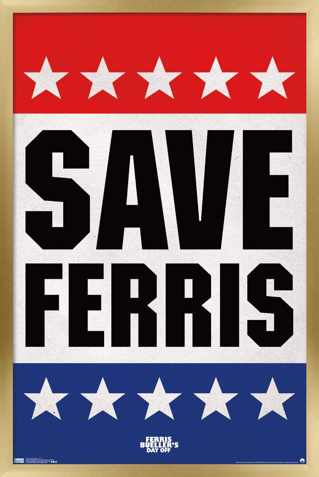 Trends International FERRIS BUELLER - SAVE Wall Poster, 14.725" x 22.375", Gold Framed Version