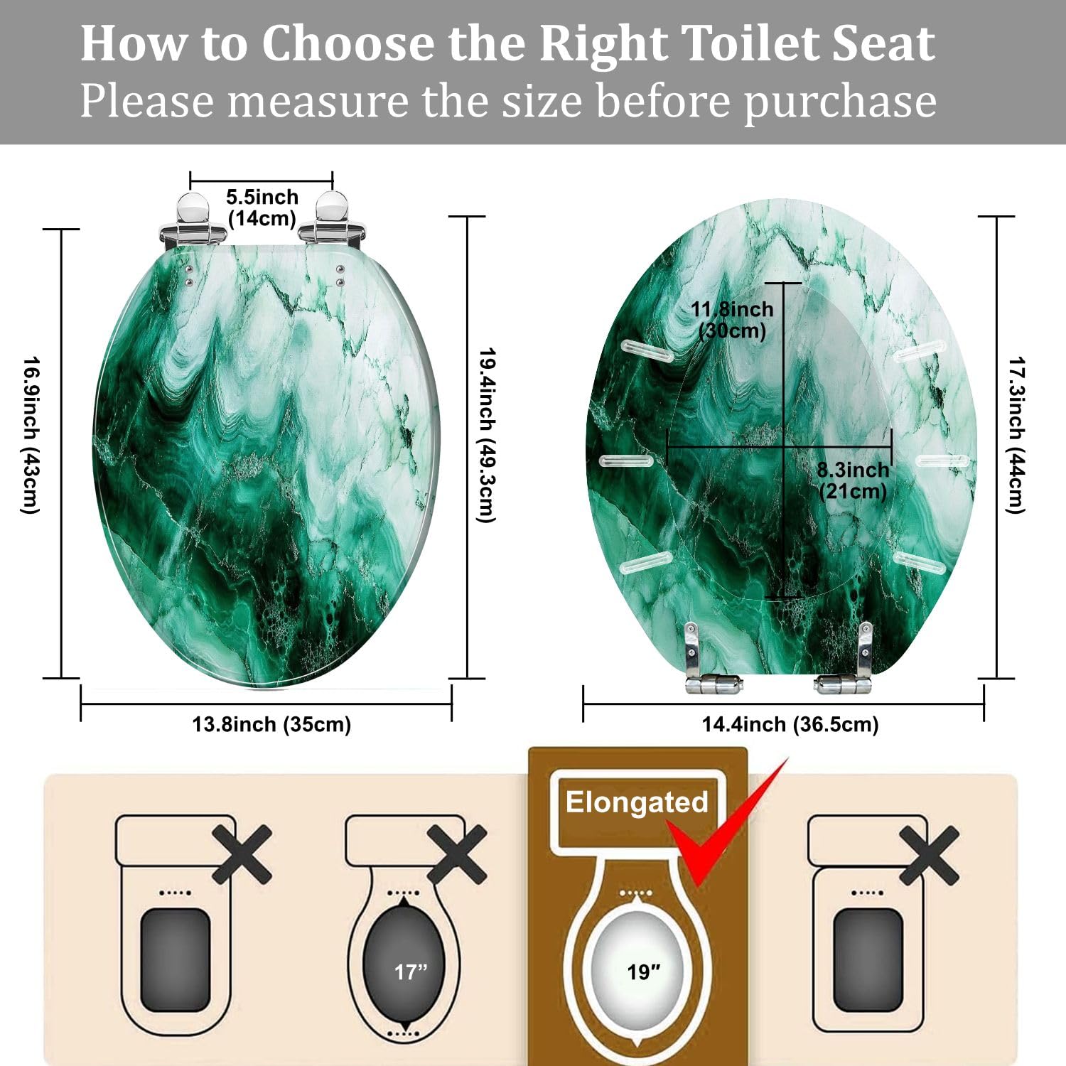 Asiento de inodoro alargado de resina para uso en el baño.