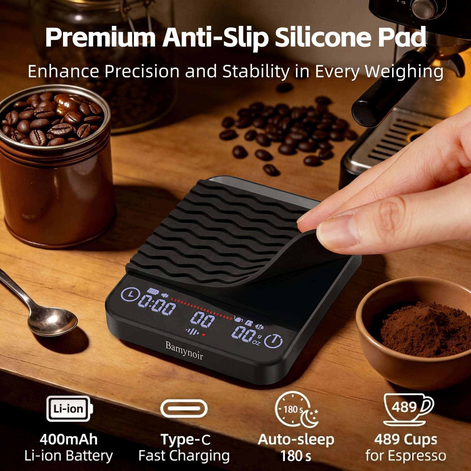 Mini-Kaffeewaage mit Timer, wiederaufladbare Espresso-Skala und Durchflussanzeige, 2 kg/0,1 g, automatische Tare, LED-Display, zum Übergießen, Tropfkaffee, Espresso, Silikonabdeckung (schwarz