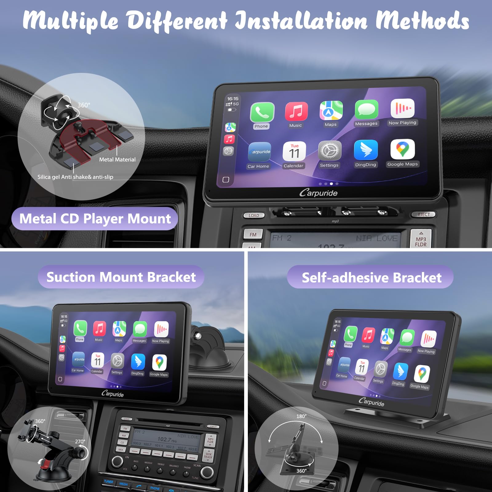 Carpuride W701 Pro z bezprzewodową transmisją Bluetooth, przenośne radio samochodowe z CarPlay i Android Auto, 7-calowy ekran dotykowy 1080p, MirrorLink/GPS/Siri/FM, w zestawie 3 uchwyty