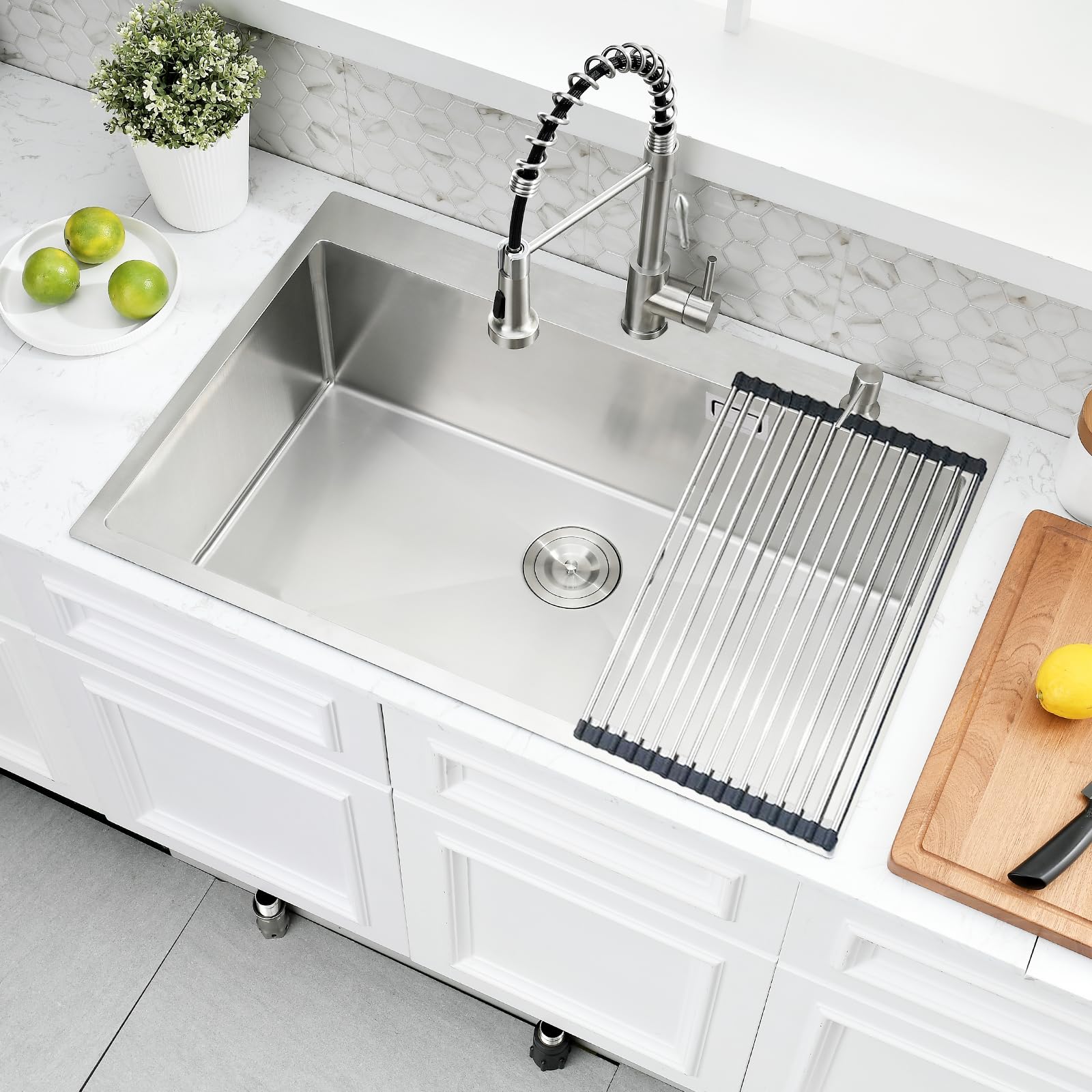 Lavello Cucina 75 x 45 cm + Rubinetto Cucina Estensibile, Lavello con Sgocciolatoio e Sifone, Lavello Cucina 1 Vasca Quadrata, Lavello Incasso con 2 Fori Rubinetto, Acciaio Inox Spazzolato