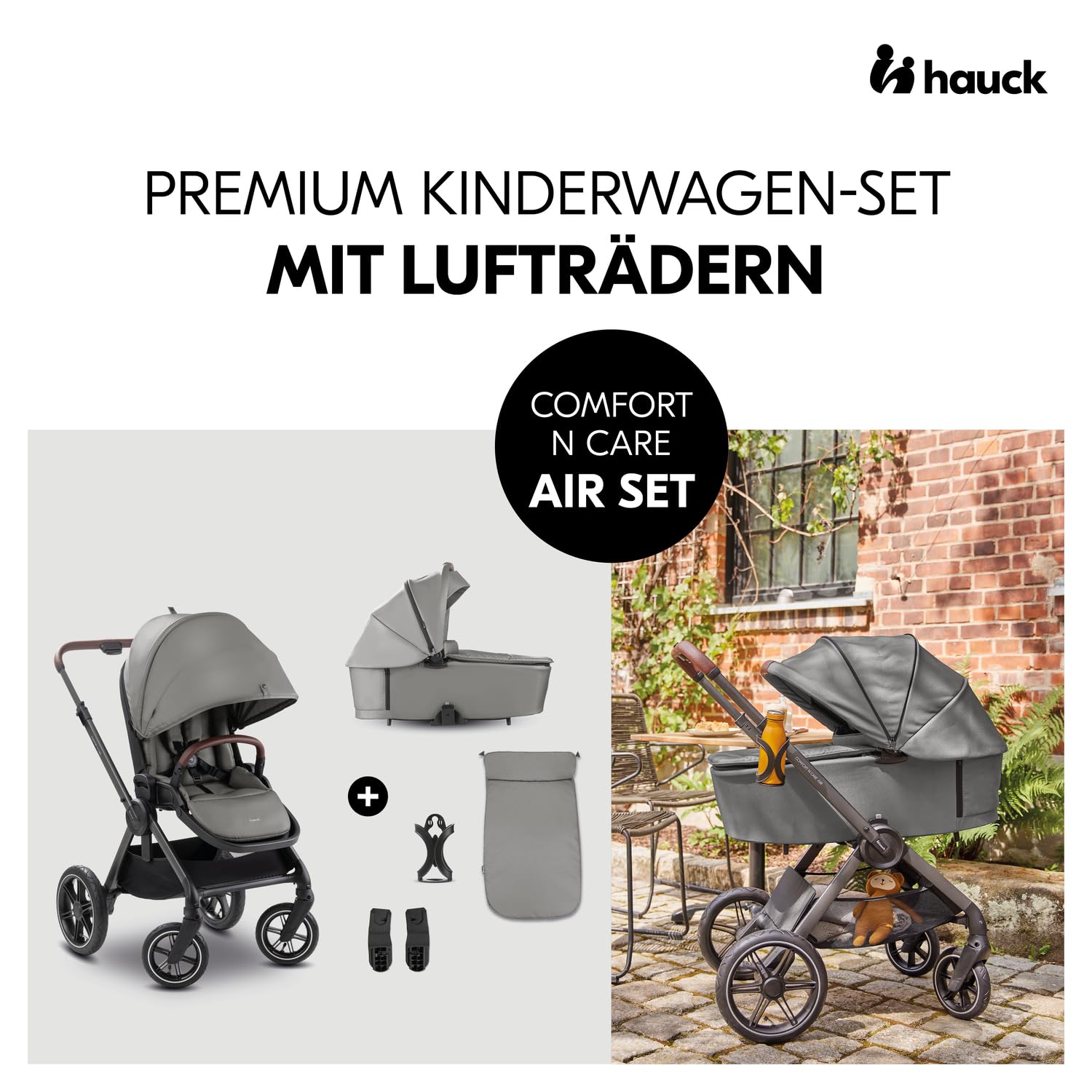 hauck Comfort N Care Air Set, Dark Grey - Passeggino 2in1 con Ruote ad Aria, Navicella Neonato con Pulsanti Memoria, Seduta Reversibile Reclinabile fino a 22 kg, Coprigambe, Portabibite, Sospensione