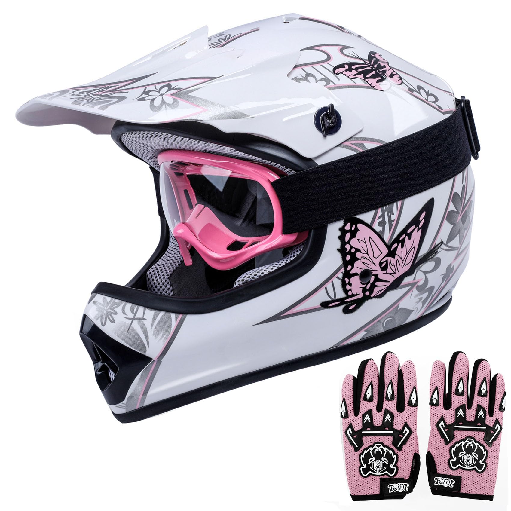 TCT-MOTORPARTS DOT Youth Kids Dirt Bike Full Face Helmets Motocross ATV Offroad Four Wheeler Helmet Pink Butterfly Small Size