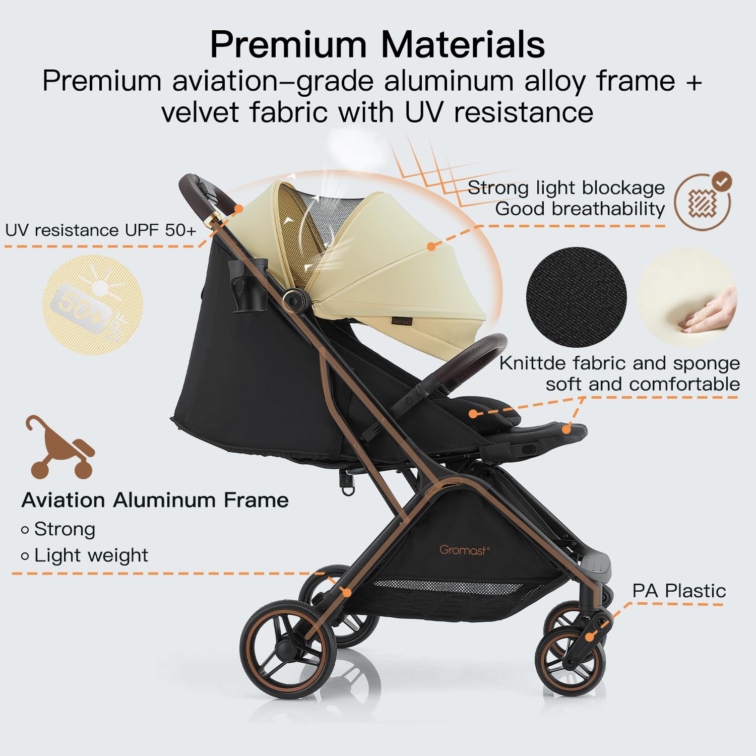 Gromast Gravity Poussette de bébé pliable, Poussette de voyage portable pour nourrisson avec dossier réglable & pare-soleil, légère et protégée des UV, pliage automatique à une main, Beige