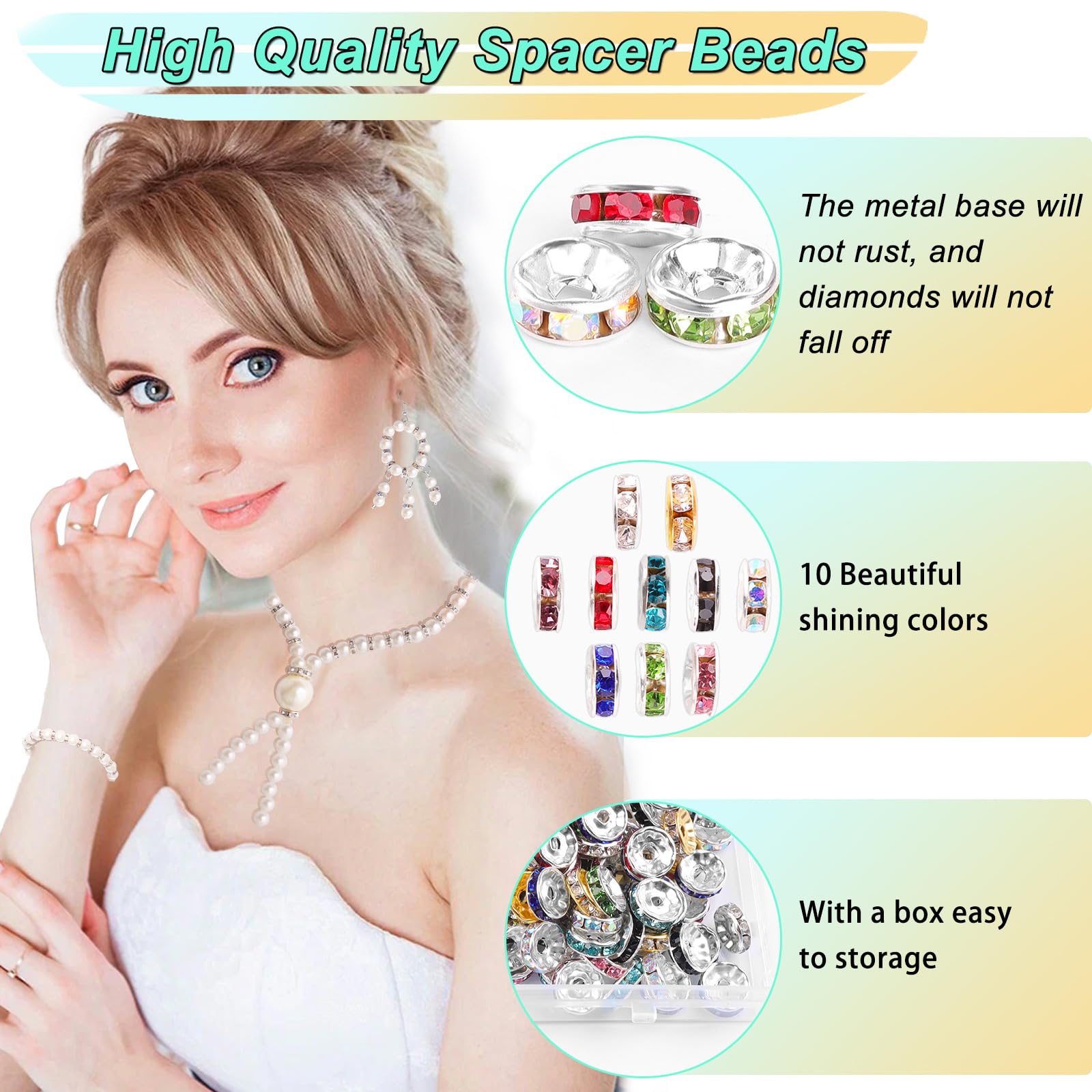 400 stuks glazen kralen van 8 mm, metalen spacer-kralen om te rijgen, rondelle strass tussenkralen, kristal, losse ronde kralen voor doe-het-zelf armbanden, oorbellen, halskettingen, sieraden