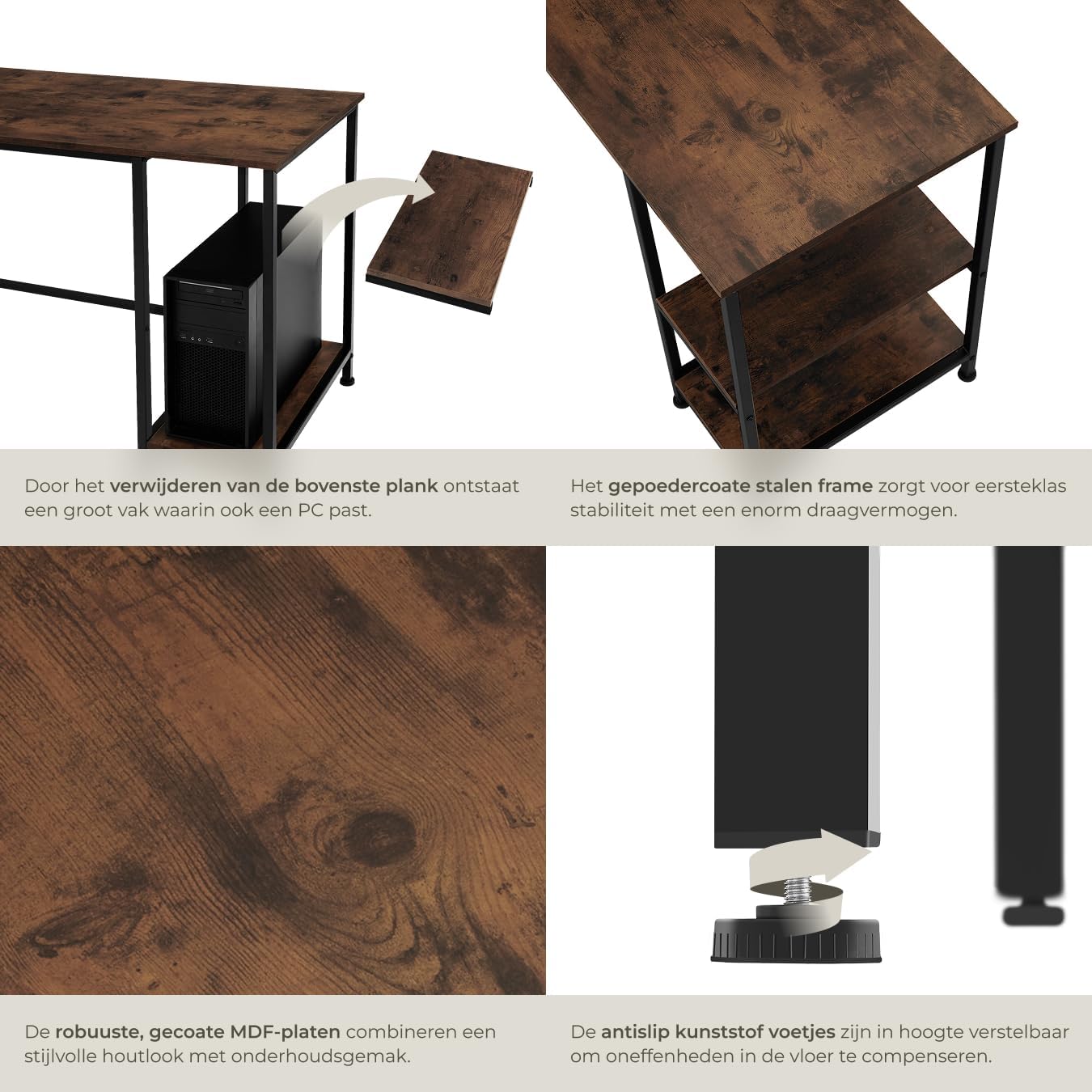 Close-up of tectake Corner Desk features including cable management and adjustable feet