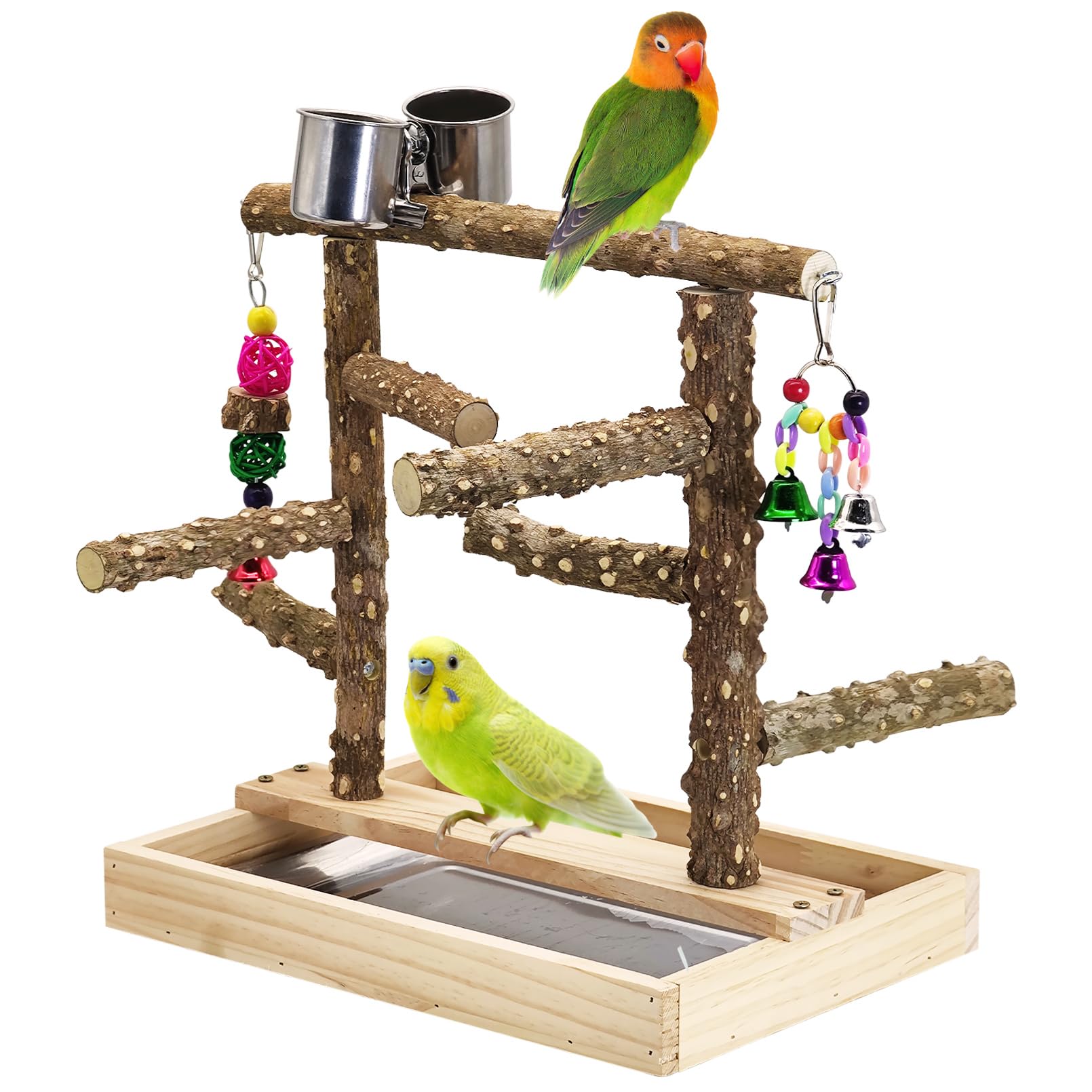 BNOSDM Natural Wood Bird Playground for Training & Playing, Parrot Perch Stand Jungle Gym with Detachable Tray & Stainless Feeder Cups Parakeet Cage Playstand for Budgie, Cockatiel, African Grey