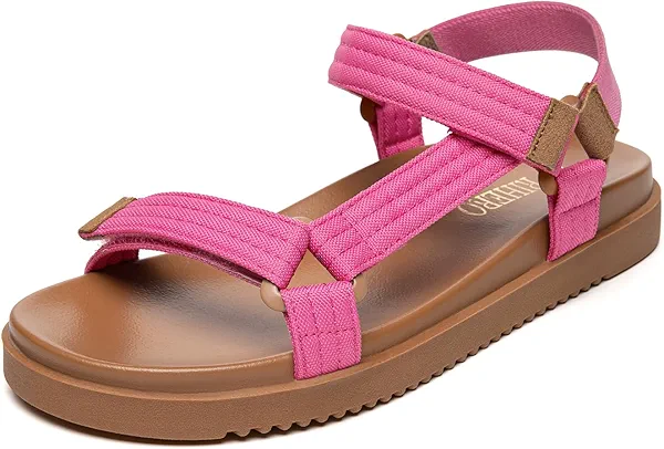 Rihero Flat Sandals for Women Comfort Open Toe Sandals Summer Adjustable Strap Hot Pink Sandals with Back Strap Size 5.5