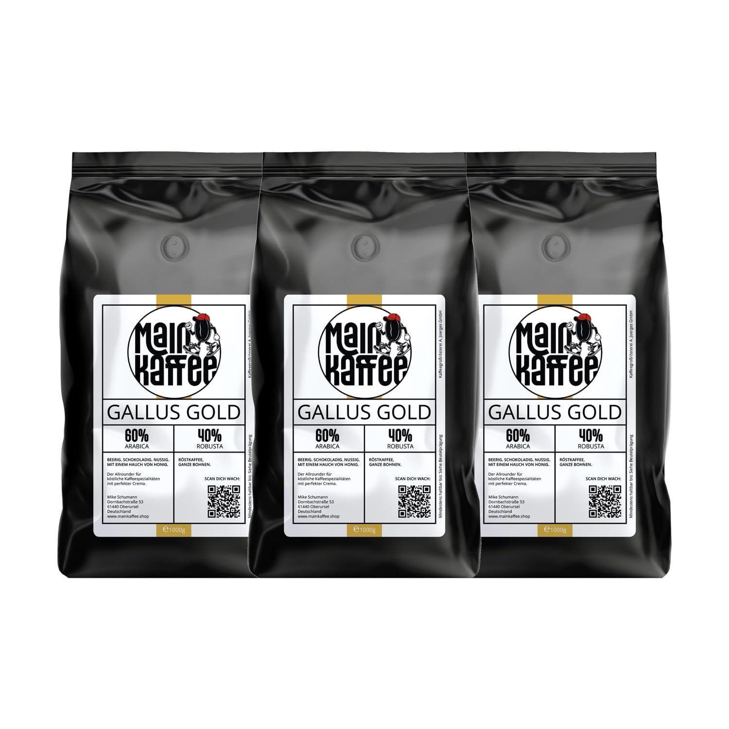 MainKaffee Gallus Gold Espressobohnen in Mehrfachpacks, ganze Kaffeebohnen für Siebträger und Vollautomat, 60% Arabica 40% Robusta, schokoladig nussig (3 x 1 kg)