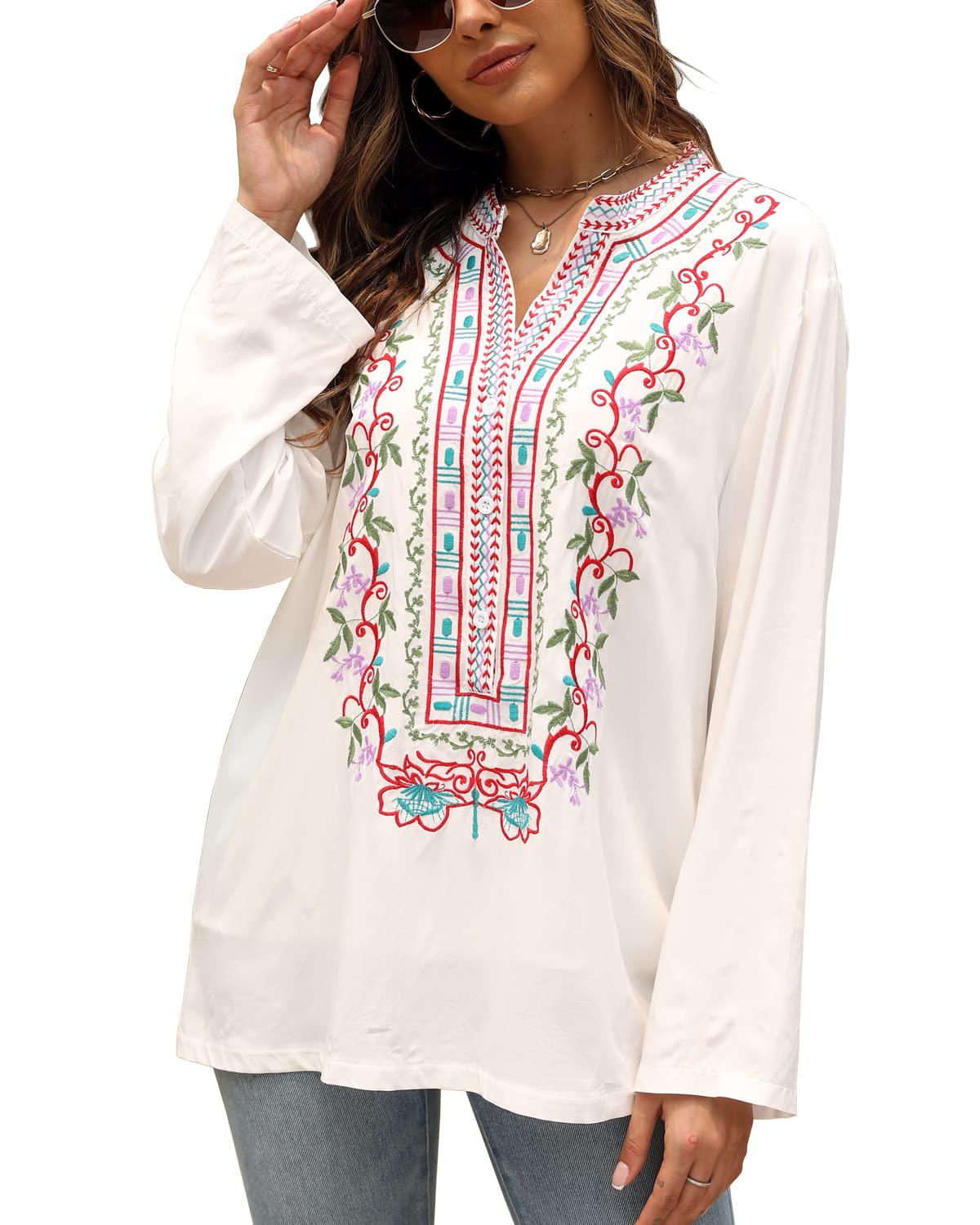 AKEmbroidered Tops for Women Long Sleeve Bohemian Mexican Floral Peasant Shirts Loose Tunic Blouses