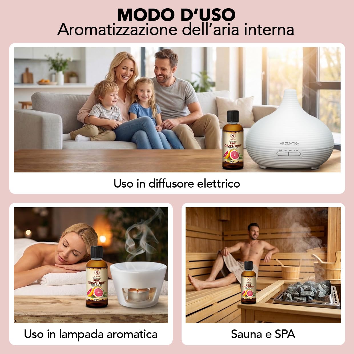 Olio Essenziale di Pompelmo Rosa 100 ml - per Diffusore e Aromaterapia | Per diffusori e lampade aroma; saponi e candele; profumo per la casa; aroma di agrumi; fragranza fresca; profumo d’ambiente