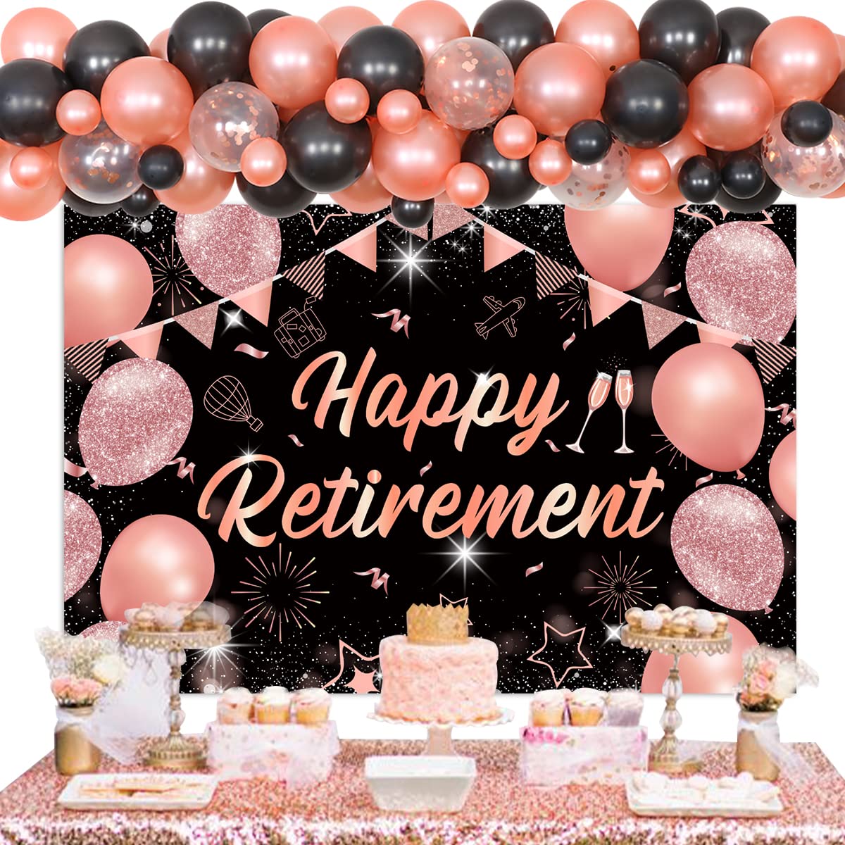Decorazioni Festa Pensione Oro Rosa | Banner Palloncini Topper Torta E Bandierine | Kit Completo Per Addio Al Lavoro Donne - 2