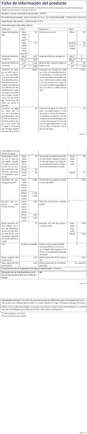 Indesit EWDE 861483 W IT N - Lavasciuga 8kg Carica Frontale, Libera Installazione. Centrifuga 1400 Giri Al Minuto. Larghezza 59,5cm, Profondità 53,5cm, Altezza 85,0cm, Classe Energetica D [Classe di efficienza energetica D]