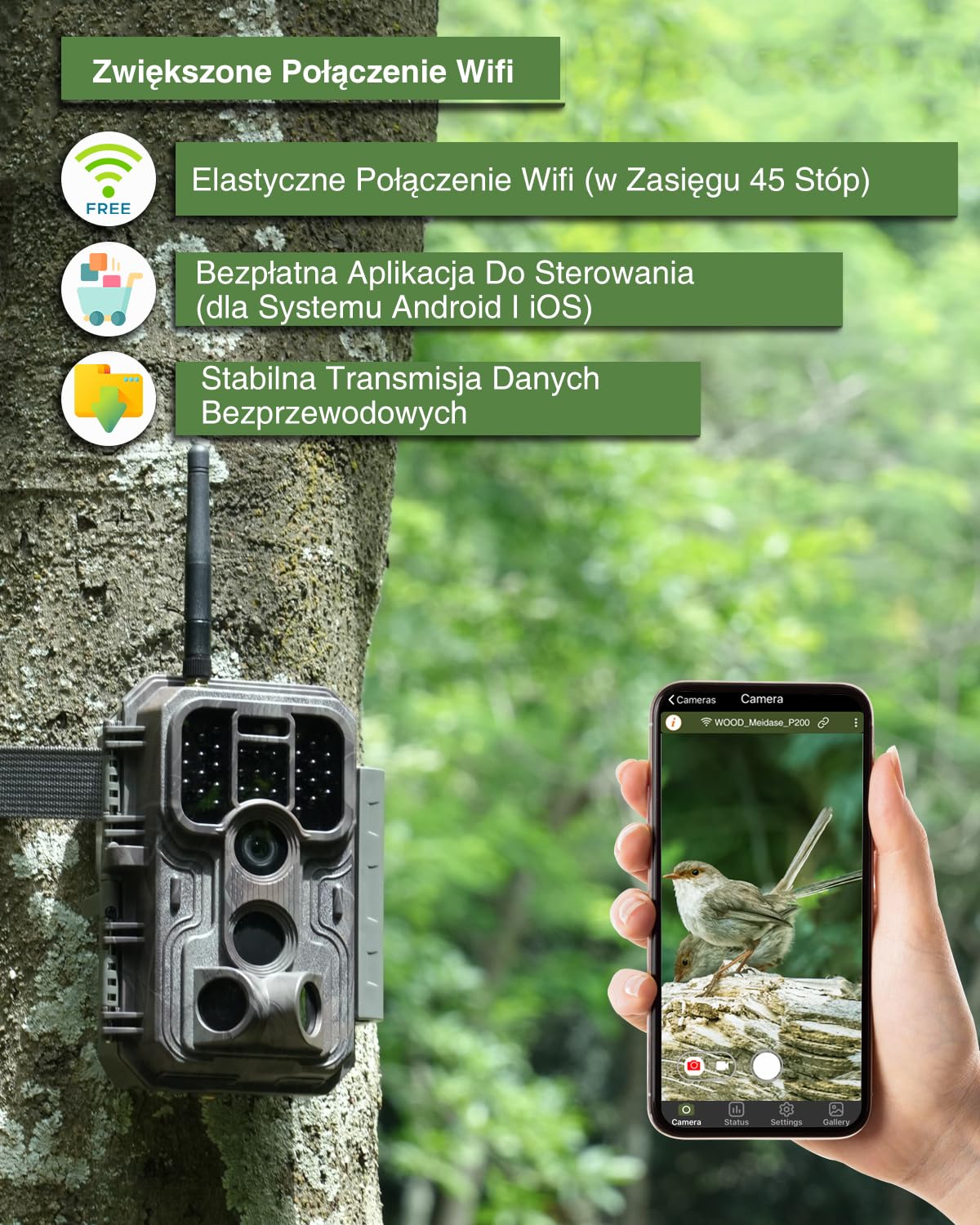 Meidase P200P Kamera Myśliwska WiFi Bluetooth, 48MP 1296P, 30m Noktowizja, 0.1s Aktywacja Ruchu, IP66 Wodoodporna, Transfer Aplikacji, Z Akumulatorem Litowo Jonowym 8000mAh, Monitorowanie Terenu