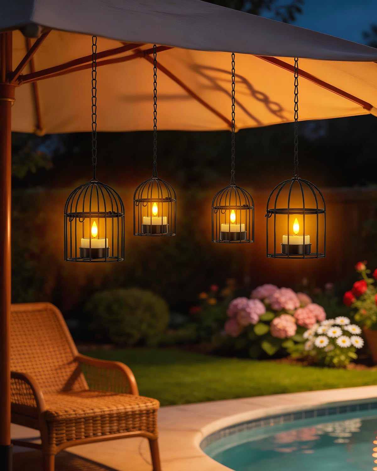 SoulBay Lanternes suspendues avec lumières solaires brillantes - 4 pièces (2 grandes, 2 petites) Bougies solaires étanches pour l'extérieur, lumières de jardin pour arbre, patio, clôture, décoration