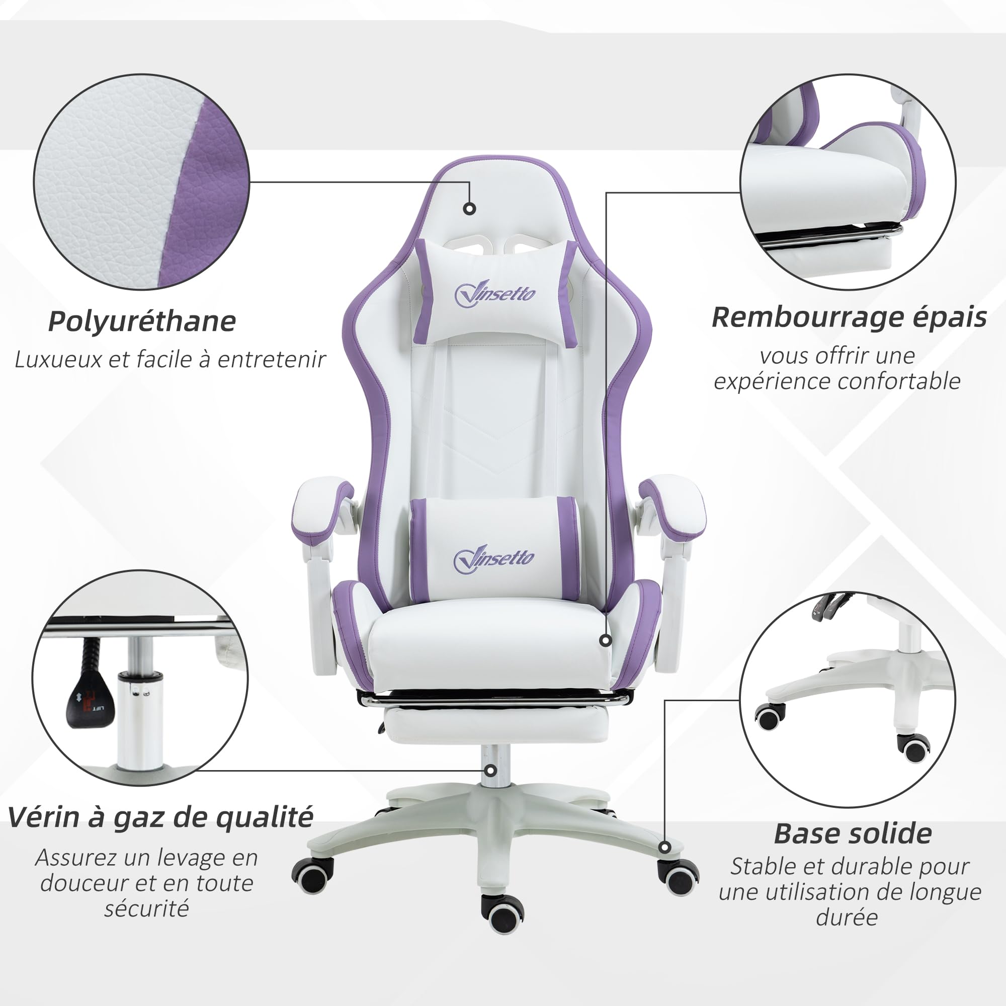 Vinsetto Chaise Gaming Ergonomique Repose-Pieds Télescopique Blanc