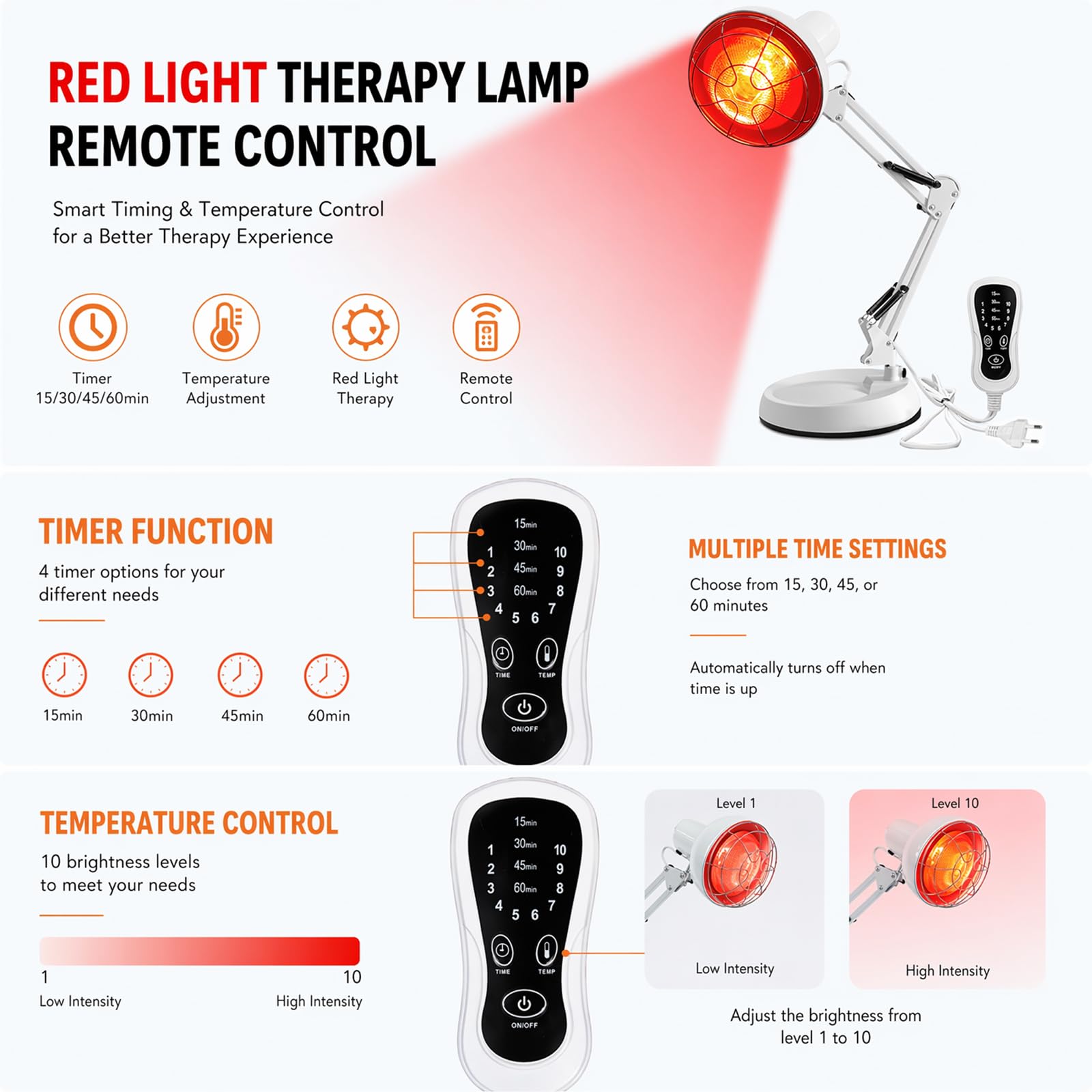 Infrarotlampe 150W mit Timer, Rotlichtlampe Wärmelampe | 10 Temperaturstufen, verstellbarer Hals & Ständer, Infrarotlichtlampe für Zuhause, Wärme & Entspannung