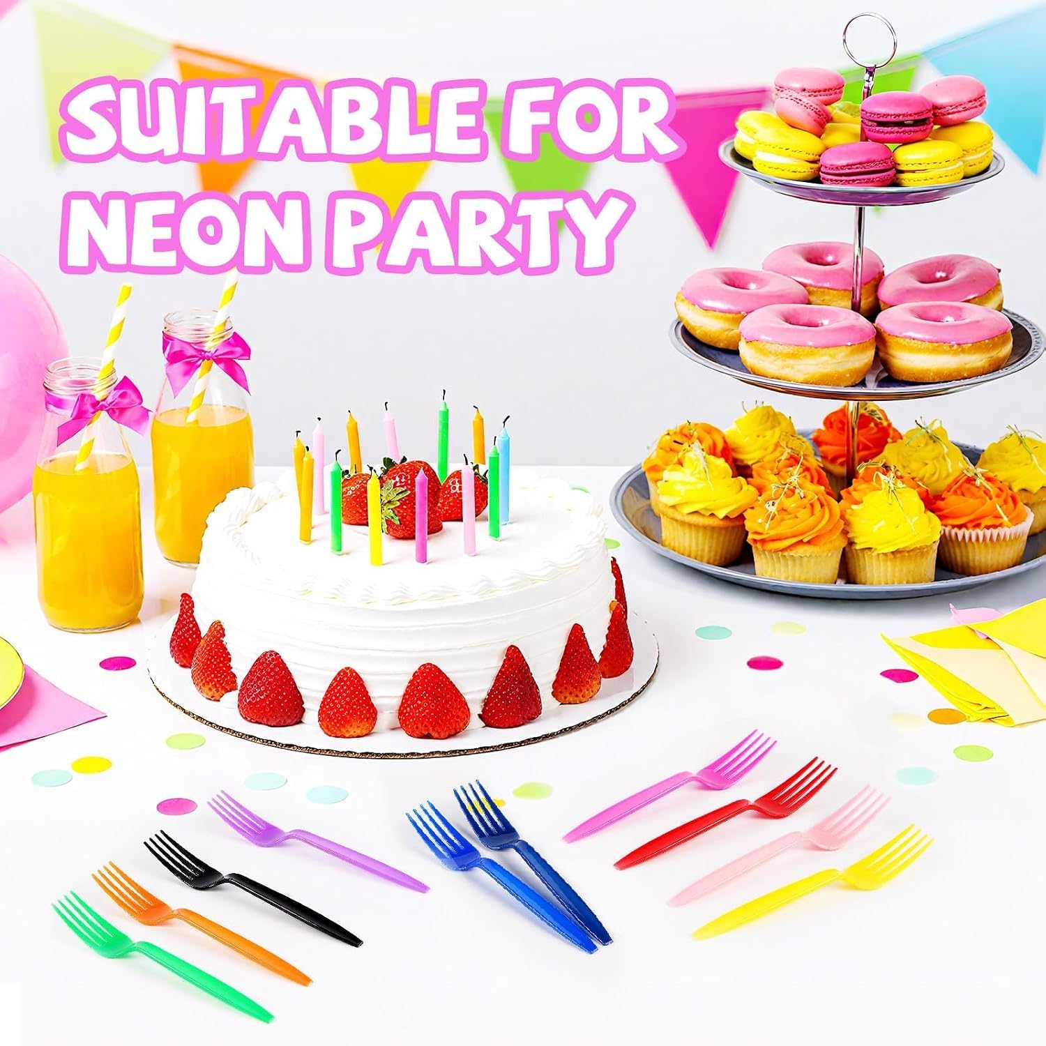 Grencian 420Pcs Rainbow Disposable Plastic Forks - Colorful Disposable Cutlery Neon Plastic Forks for Family Neon Party Picnics Restaurant Outdoor Events