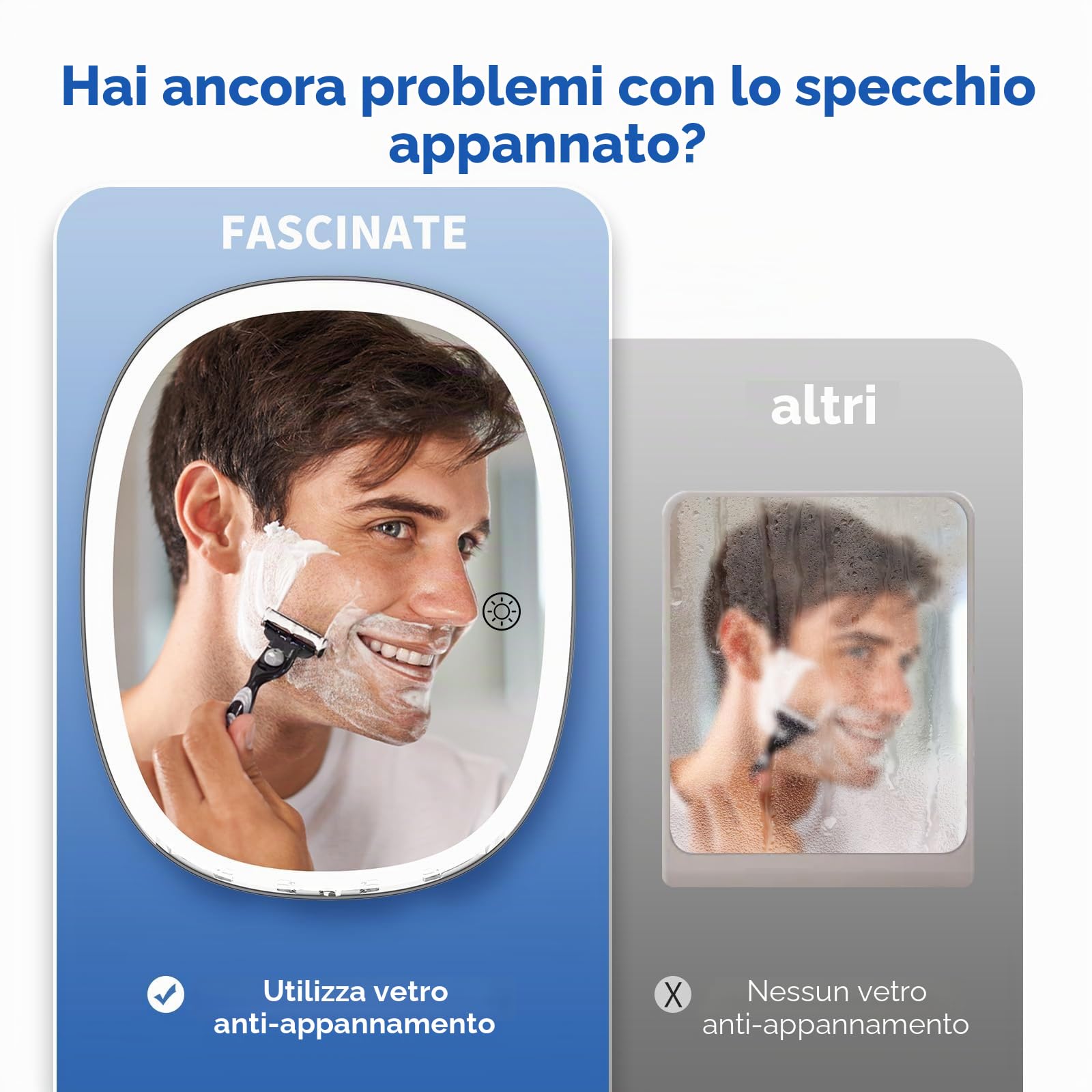FASCINATE Specchio da barba Specchio da doccia antiappannamento, 3 colori di luce regolabili Specchio da doccia antiappannamento con supporto per la lama del rasoio