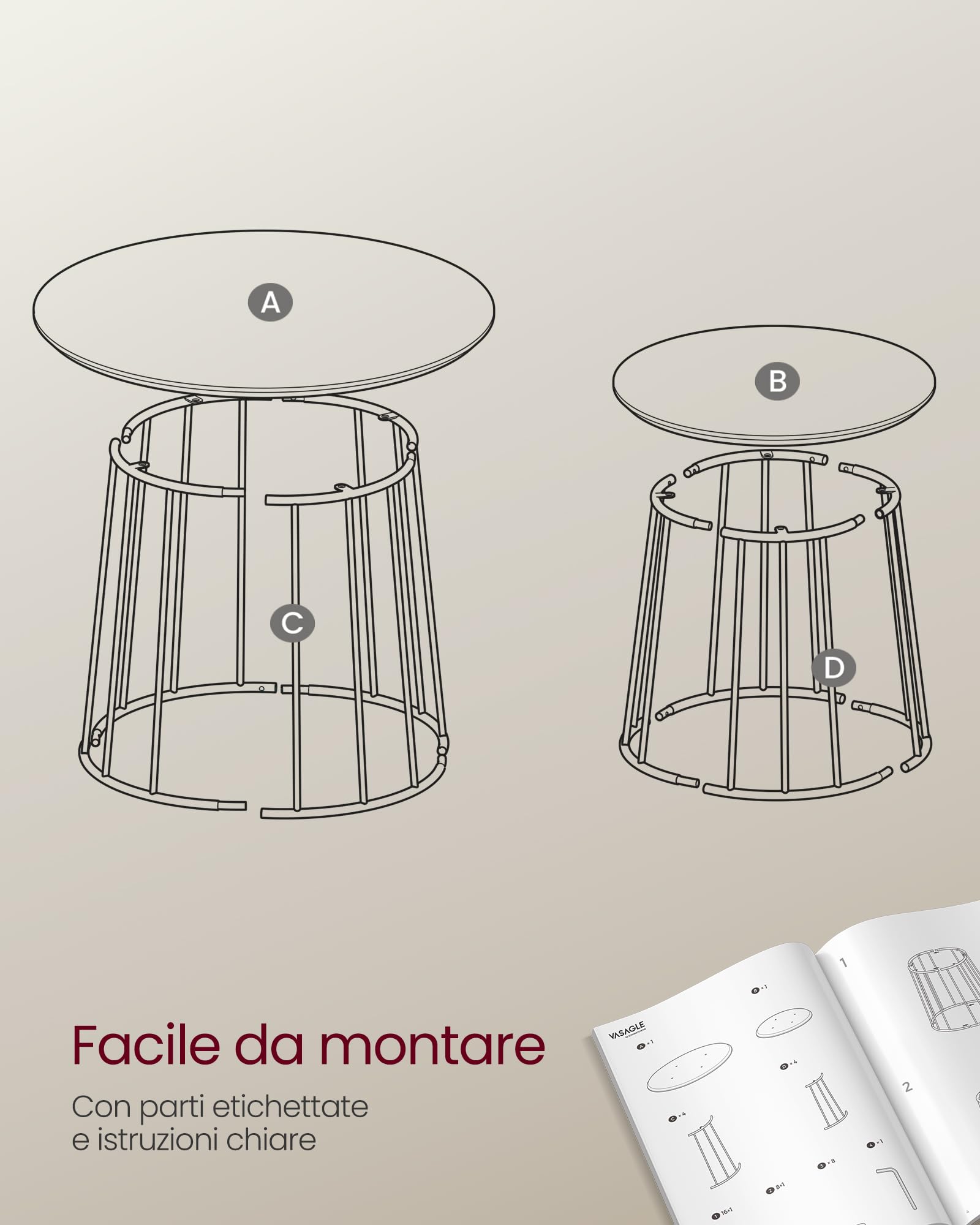 VASAGLE Tavolino da Salotto Rotondo, Set di 2 Tavolini da Caffè, Moderno, Struttura in Acciaio, Adatto per Soggiorno Camera da Letto, Marrone Vintage LCT045K01