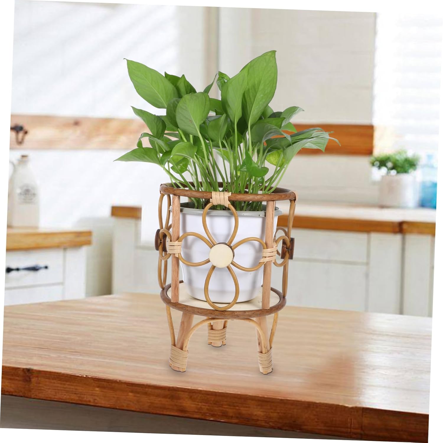 GLEAVI Handwoven Rattan Plant Stand Elegant Flower Pot Holder for Indoor Outdoor Use Design for Farmhouse Decor for Balcony and Home Office Display