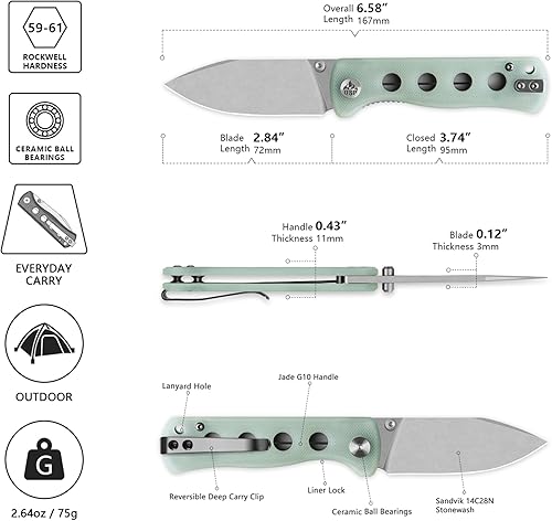 Miniatura 2 de QSP CUCHILLO CANARIO CARPETA CUCHILLO DE BOLSILLO, HOJA AGUJADA 14C28N CON MANILLAS G-10 DE COLORES (hoja lavado a la piedra, mango G-10 de jade)