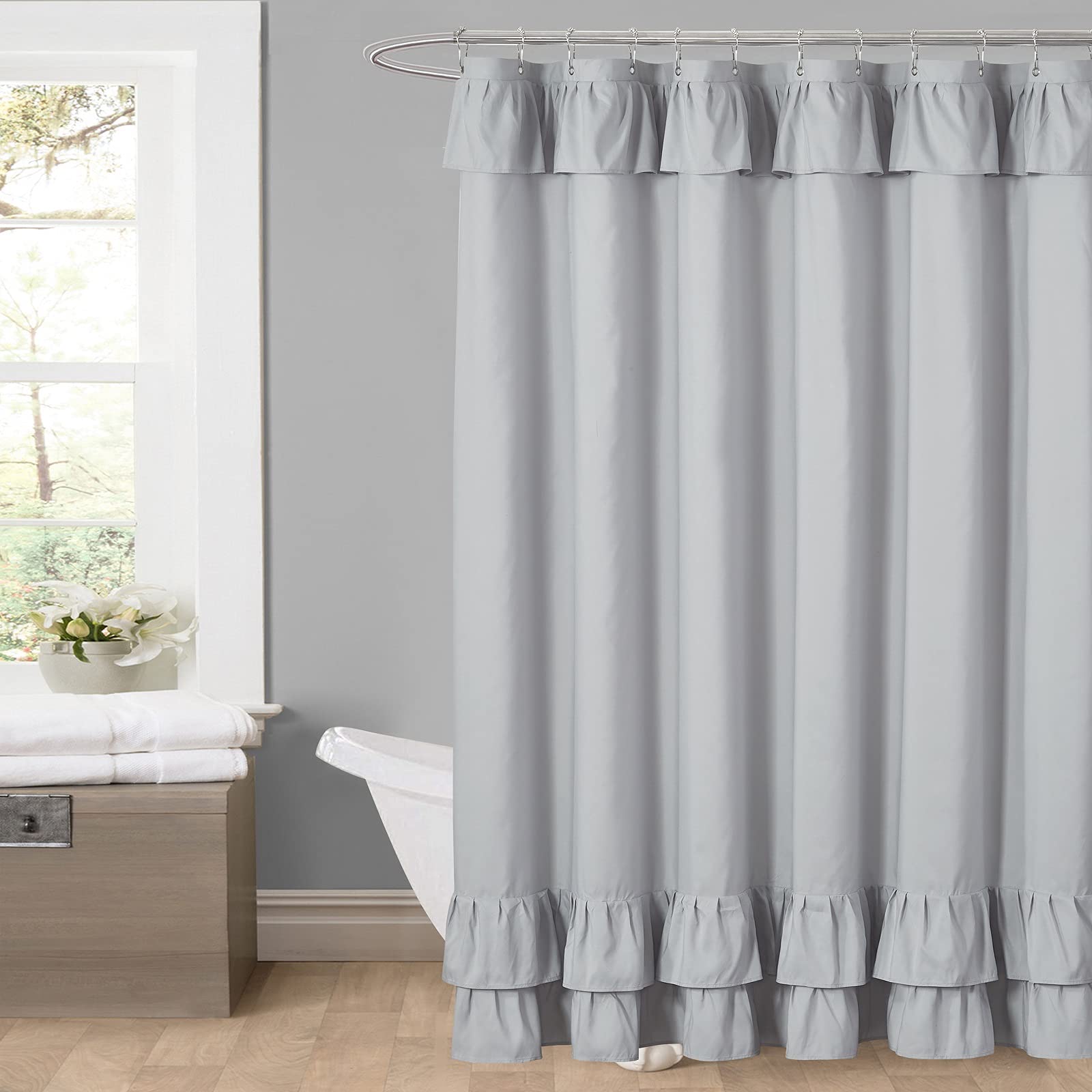 YOSTEV Light Grey Ruffle Shower Curtain Farmhouse Fabric Cloth Shower Curtains for Bathroom 72x72 Inches
