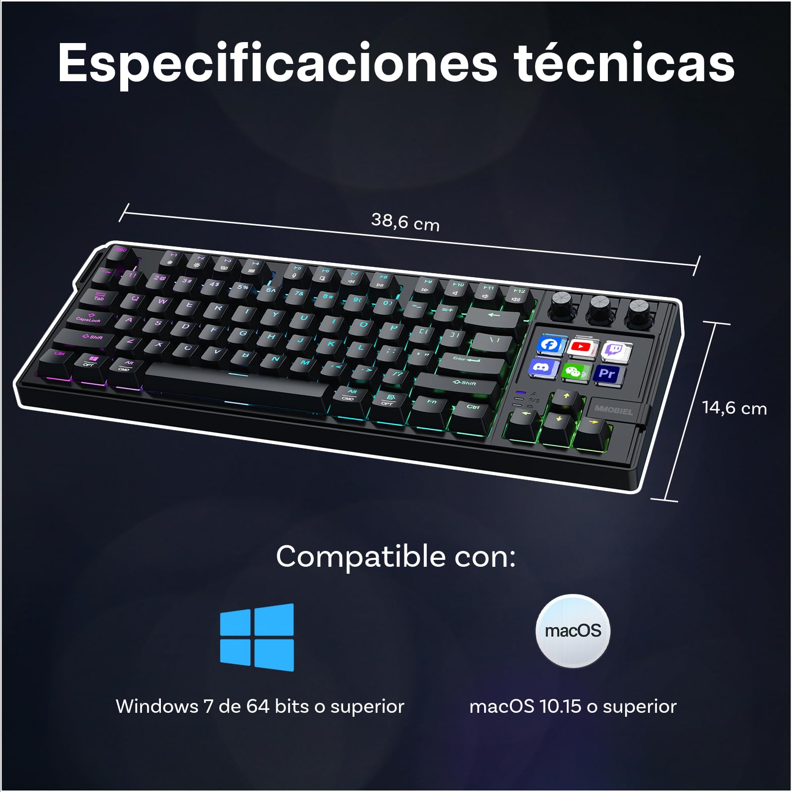 MMOBIEL Teclado Mecánico para Stream Deck Teclado QWERTY RGB Hot-Swappable con 6 Teclas Macro LCD Programables y 3 Diales de Control para OBS, Streaming, Edición de Video – para Windows/macOS