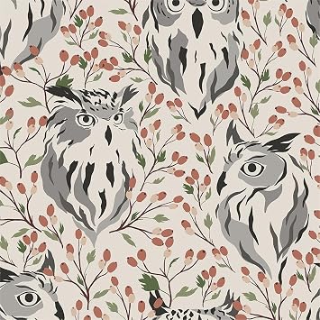 MuralPeel Boho Beige Grey Owl Bird Animal Red Berry Peel and Stick Wallpaper Self Adhesive Removable Easy Peel Off Stick on Wall Paper for Bedroom Cabinet Renter