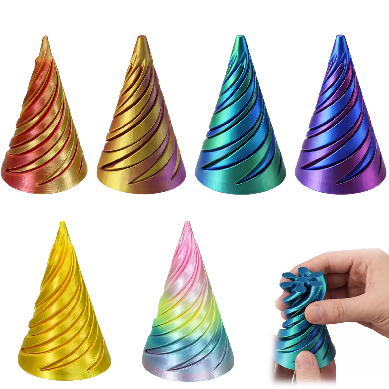 3D Printed Fidget Toys - 6 Pack Spiral Cone Fidget Toy - Impossible Cone Design, Gradient Colours - Satisfying Stress Relief Desk Toys for Adults