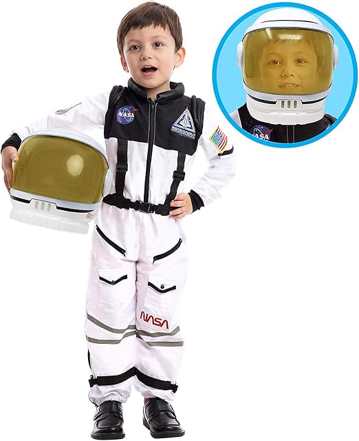 Astronaut NASA Pilot Costume with Movable Visor Helmet for Kids, Boys, Girls, Toddlers Space Pretend Role Play Dress Up, School Classroom Stage Performance, Halloween Party Favor (Toddler, White)