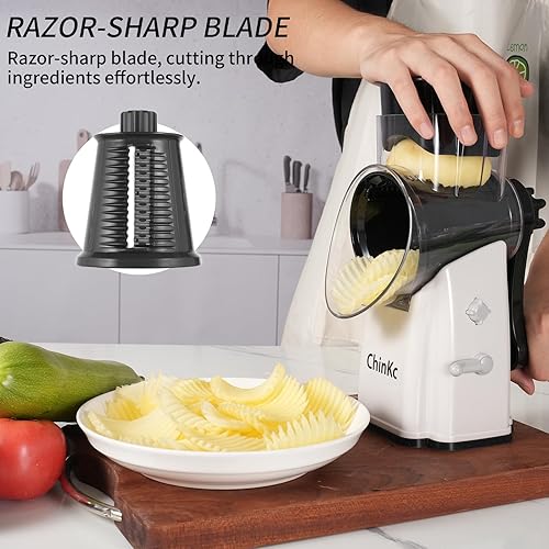 Miniatura 7 de Rallador rotativo de queso, rallador de queso 5 en 1 mejorado con mango y base de succión fuerte, cortador multiusos de juliana, trituradora de