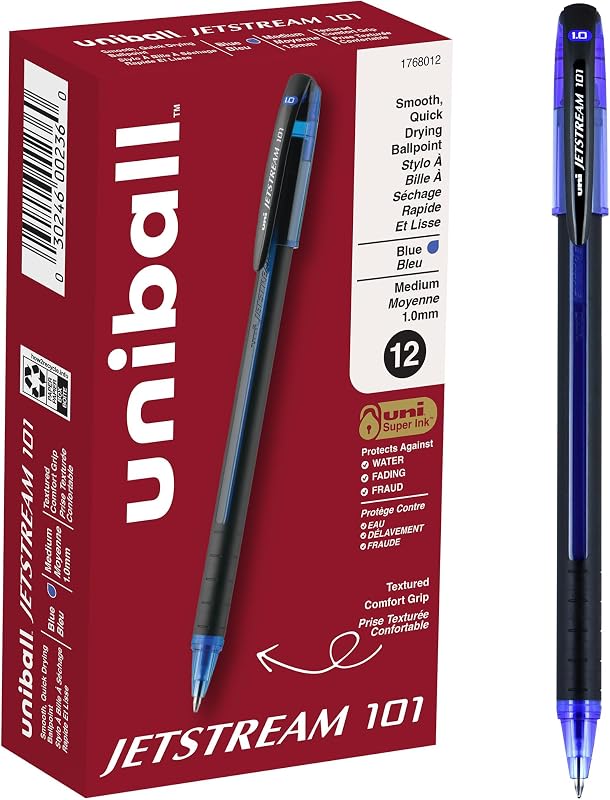 uniball™ Jetstream 101 Ballpoint Pens, Medium Point (1.0mm), Blue, 12 Pack | Hybrid ink: gel smoothness with quick-dry speed, smudge-resistant for left-handed writers, soft textured comfort body
