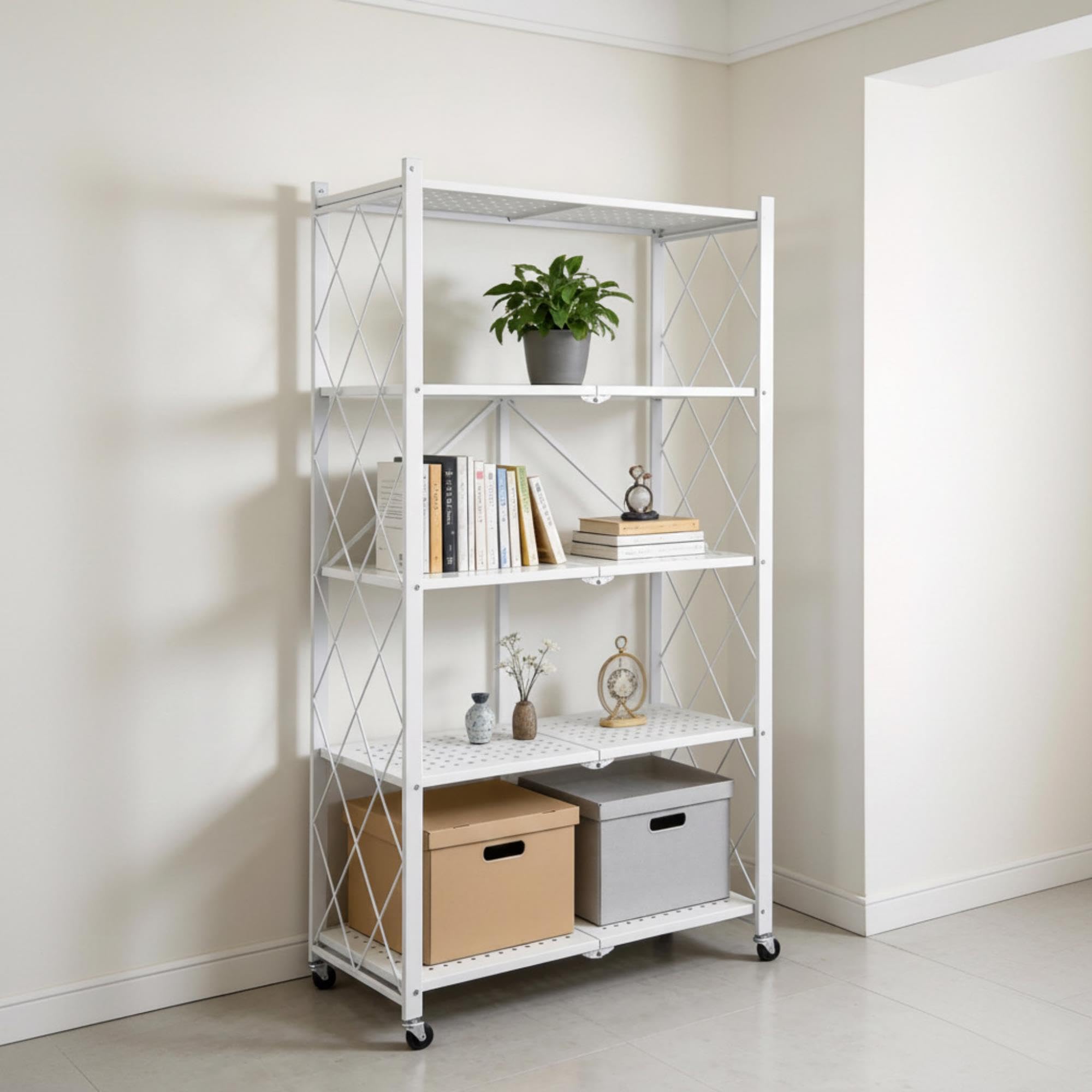 Well Home Estantería de Almacenamiento Plegable de 5 Estantes con Ruedas, SIN Montaje -71x34x160 cm Color Blanco