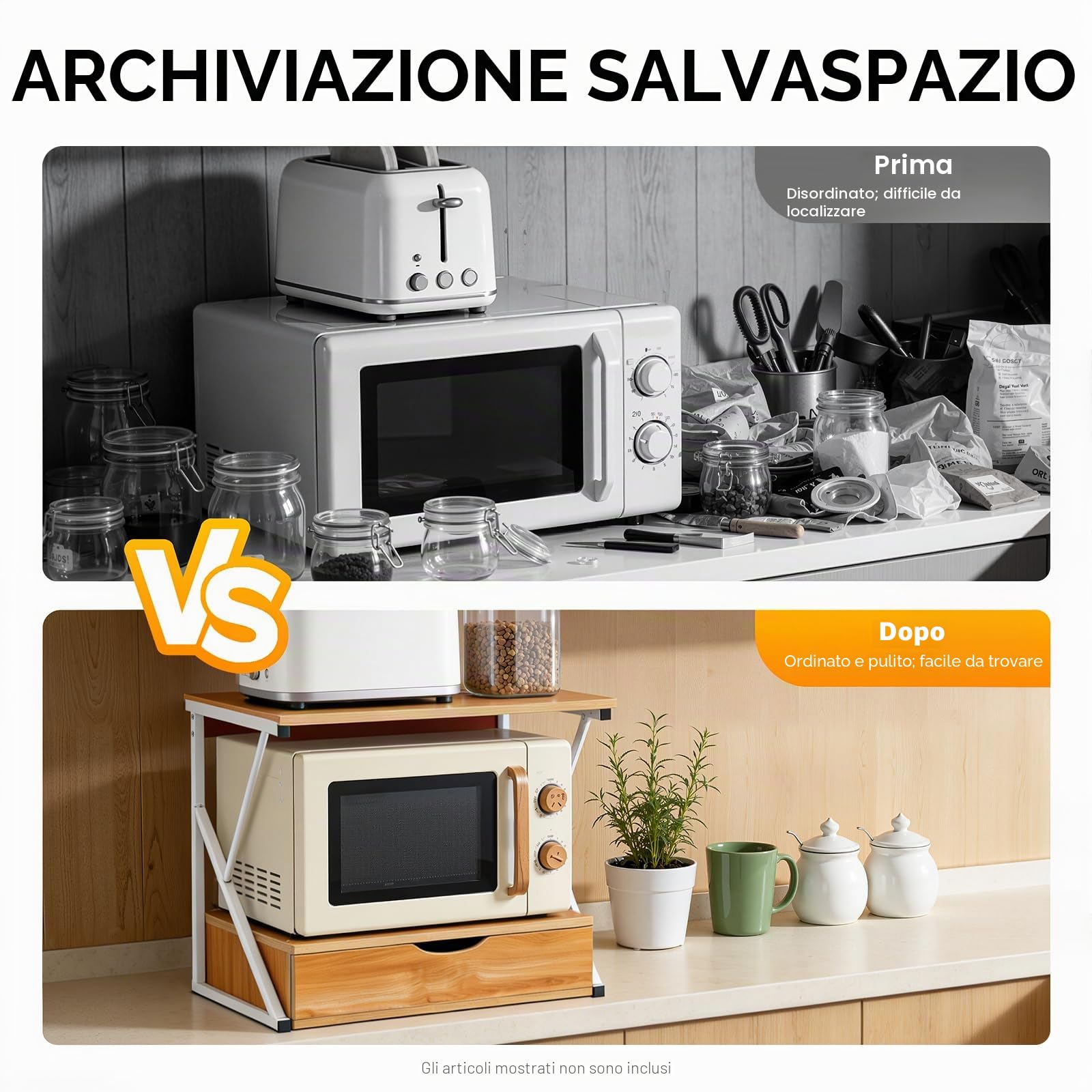 Scaffale per microonde a due piani, in legno con cassetto e capacità di carico di 10 kg, in MDF e ferro, 54 x 35 x 50 cm, design aperto, sufficiente spazio di archiviazione, robusto organizer da