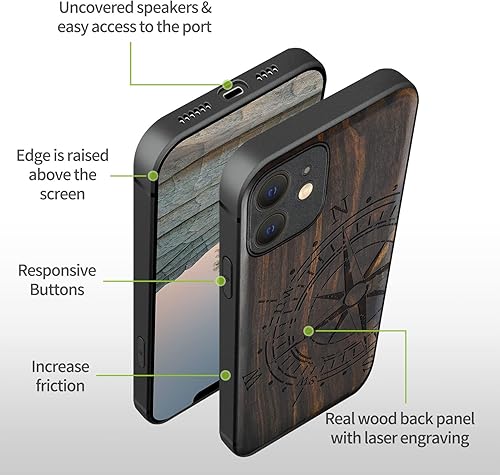 Miniatura 8 de Carveit Funda magnética de madera para iPhone 12 [madera natural y TPU suave negro] a prueba de golpes, funda de madera única y elegante compatible