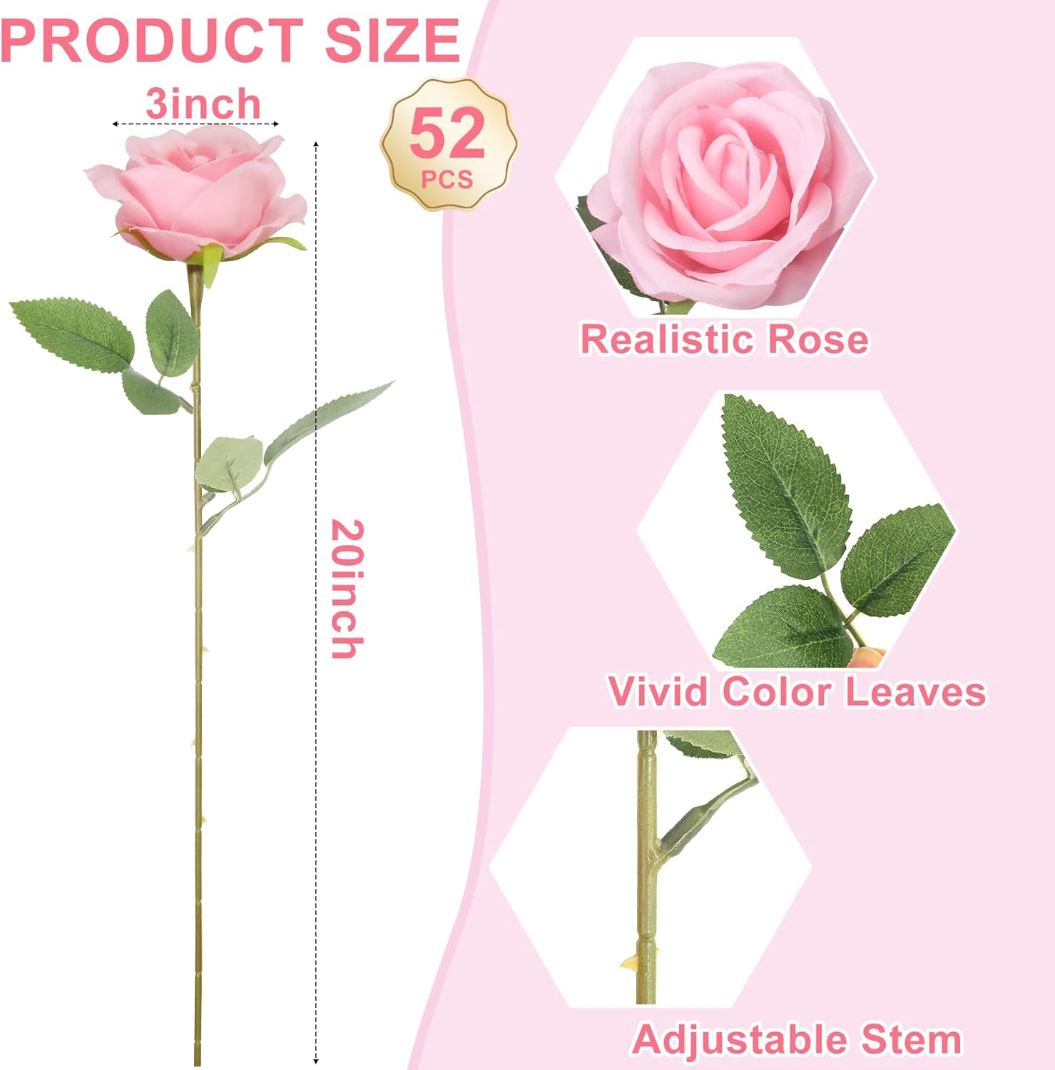 LELEE Artificial Roses Bulk Pink Silk Rose with Stem, 52pcs Fake Flowers Decoration for Wedding Table Centerpieces Bridal Bouquet Home Decor - Image 3