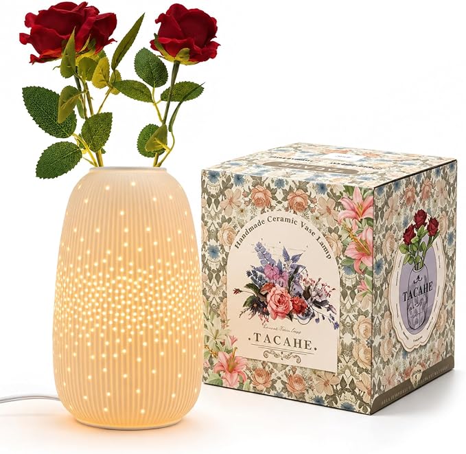 Ceramic Vase Table Lamp, 2700K Bulb & 3 Artificial Flowers Included, E12 Socket, Inline Switch, Handmade Openwork Craft, Ambient Light for Living Room Bedroom - Starry 9.3"
