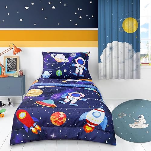 Miniatura 7 de SWESEN Juego de ropa de cama para niños pequeños, juego de ropa de cama azul espacial, suave y ligero de 4 piezas, incluye edredón, sábana encimera,
