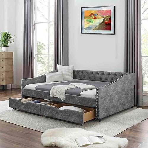 Miniatura 8 de Sofá cama matrimonial con 2 cajones, moderno sofá cama tapizado con botón en la espalda y clavos de cobre en los brazos, sofá cama, marco de cámara