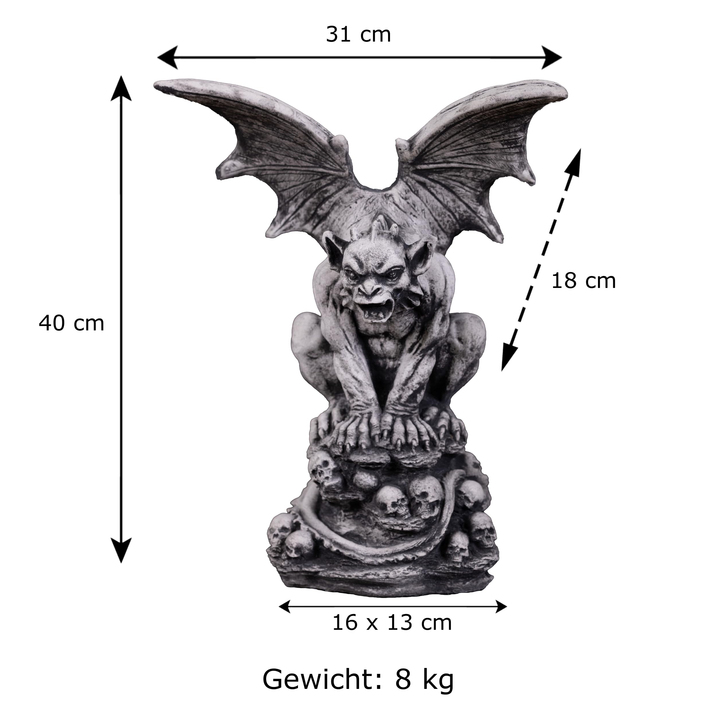 gartendekoparadies.de Gargoyle Gartenfigur mit Flügeln auf Totenschädeln, 40 cm Höhe, 8 kg, Grau, Steinguss, frostsicher für Außenbereich