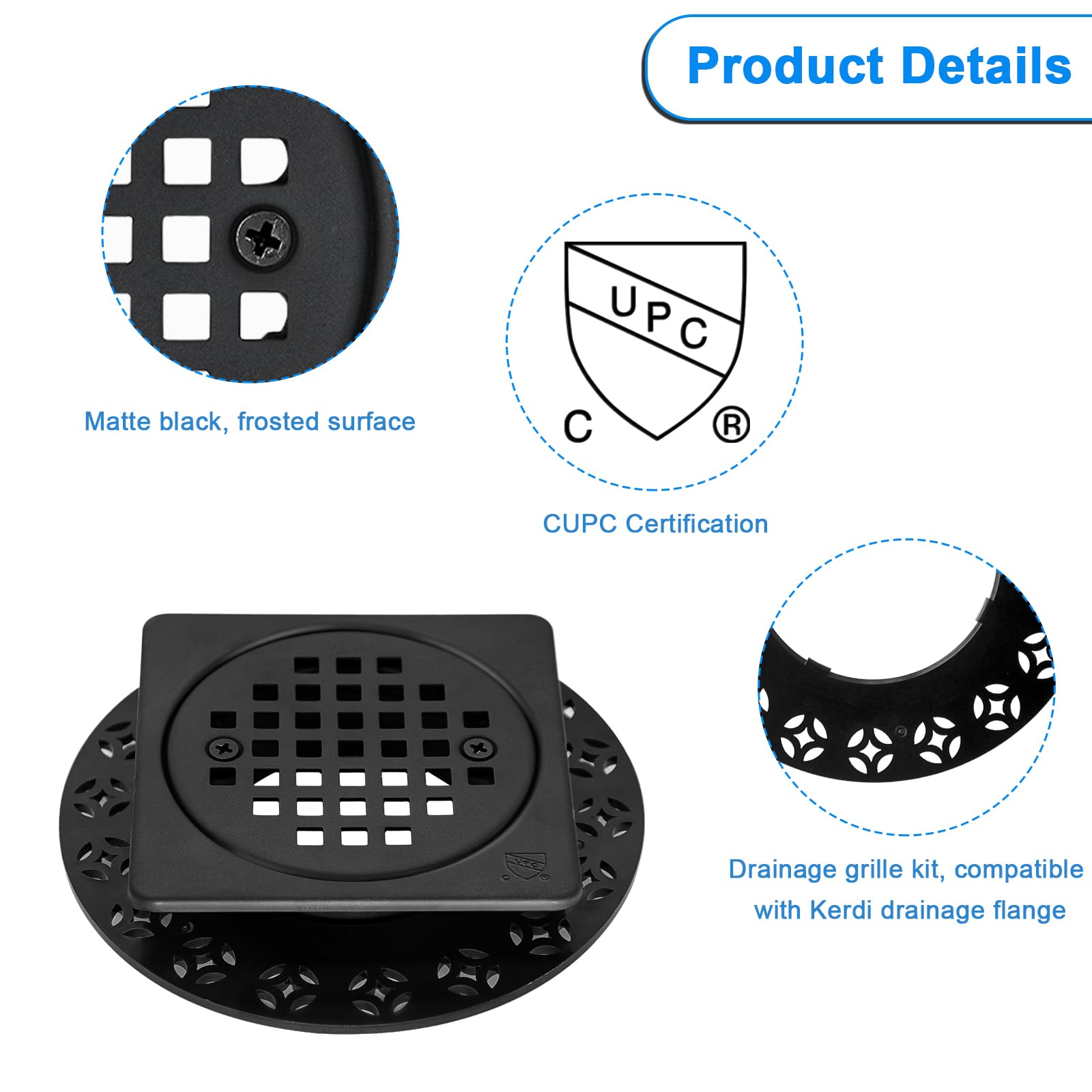 Kit de rejilla de drenaje de 4 pulgadas compatible con Schluter Kerdi-Drain Brida cuadrada de desagüe de piso de ducha SS304 de acero inoxidable y material ABS, certificación CUPC, negro mate